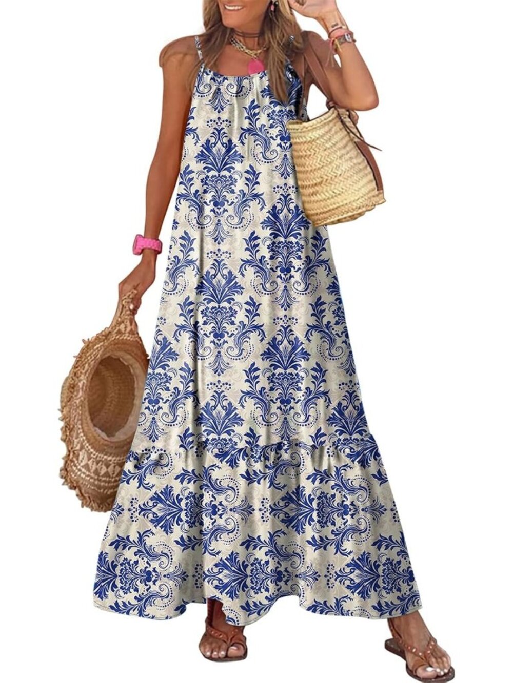 〽️Women's Sky Blue Floral Maxi Dress Scoop Neck Ruffle Hem Boho Sundress